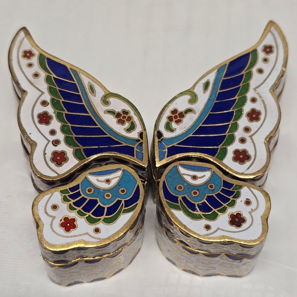 Vintage Chinese Cloisonné Enamel Butterfly Trinket Puzzle Box 4 Segments